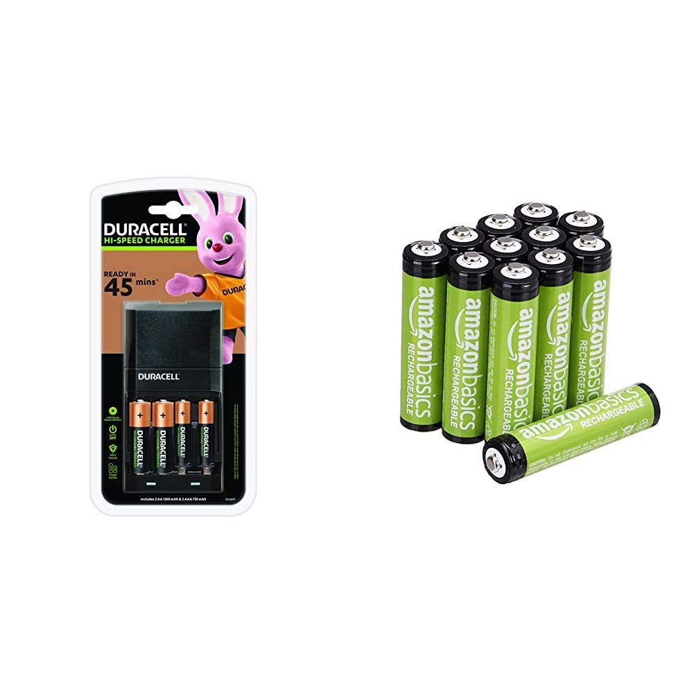 Duracell 45 Minutes Battery Charger with 2 AA and 2 AAA & Amazon Basics AAA Rechargeable Batteries, Pre-charged - Pack of 12 (Appearance may vary)