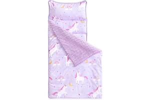 Wake In Cloud - Toddler Nap Mat with Pillow and Minky Fleece Blanket, for Kids Girls in Daycare Preschool Kindergarten, Roll Up Sleeping Bag, Colorful Unicorn Rainbow, Purple, Standard