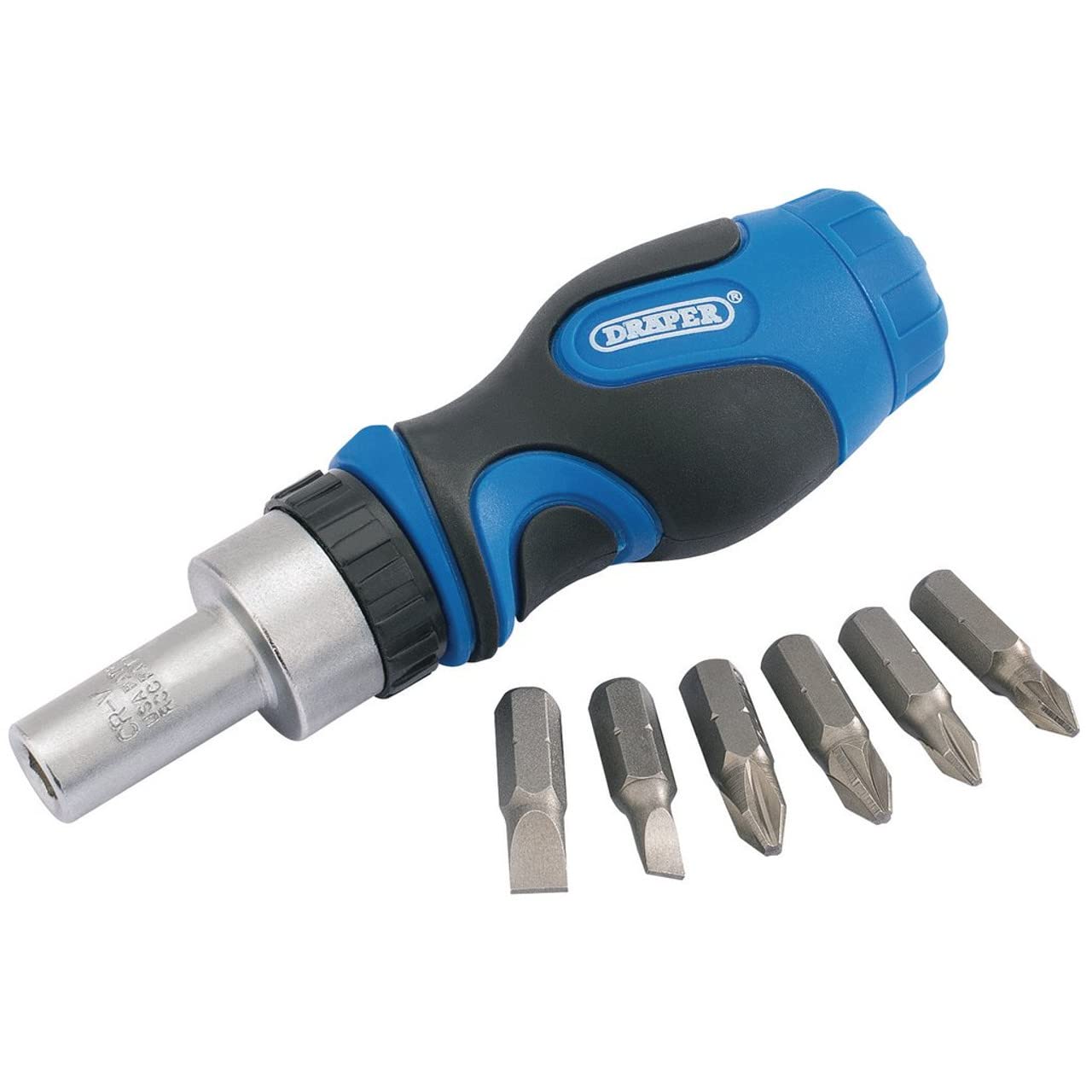 Draper Ratchet Screwdriver and 7 Bits Set |Stubby Soft Grip | Moulded Inserts| Hand Tools Set | Phillips and Flathead Screwdrivers | Sand Blasted Tips | 01050