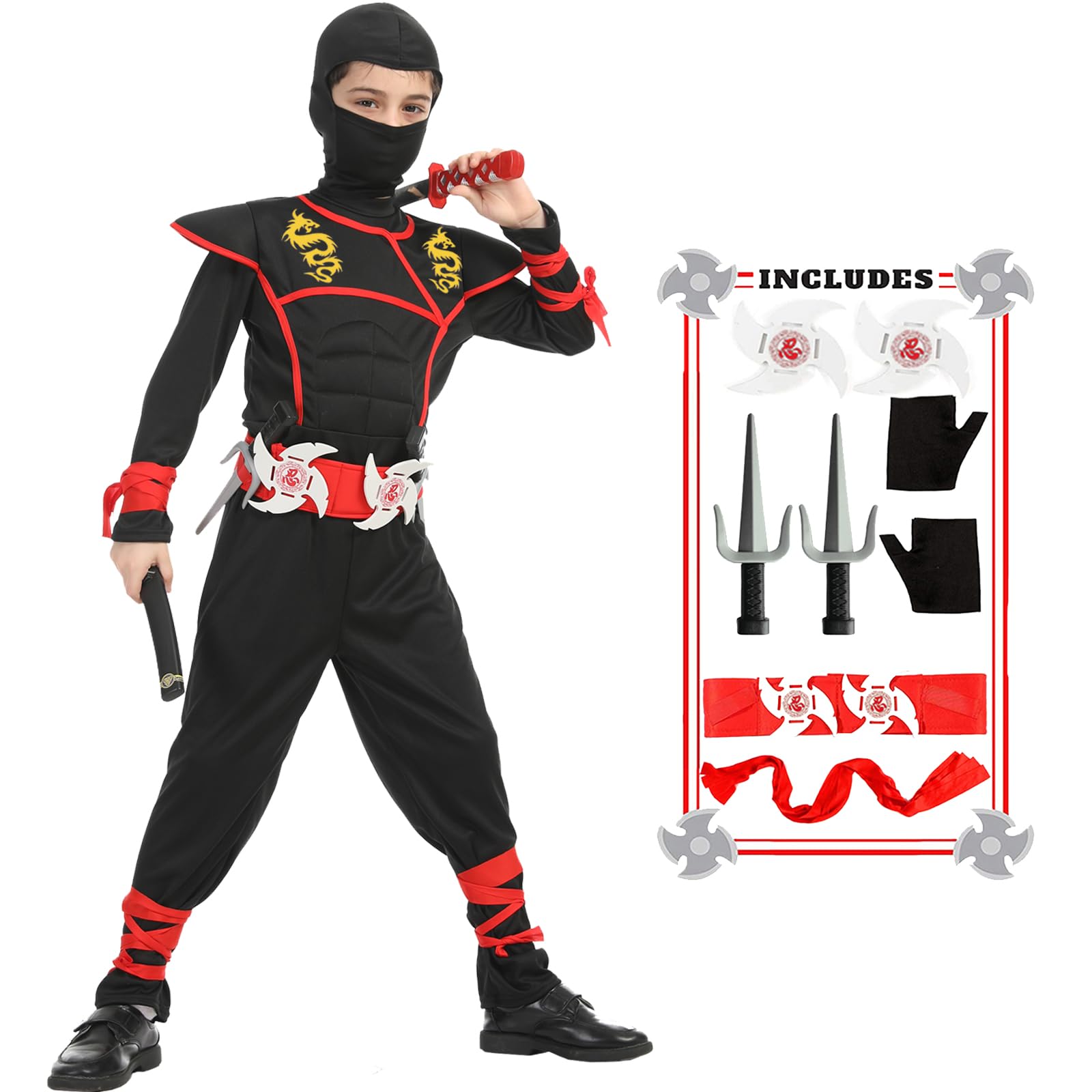 SATKULL Ninja Costumes Kids Ninja Role Playing Costume Set Boy Ninjas Costume with Accessories for Children(Kids-XL-10/12T)