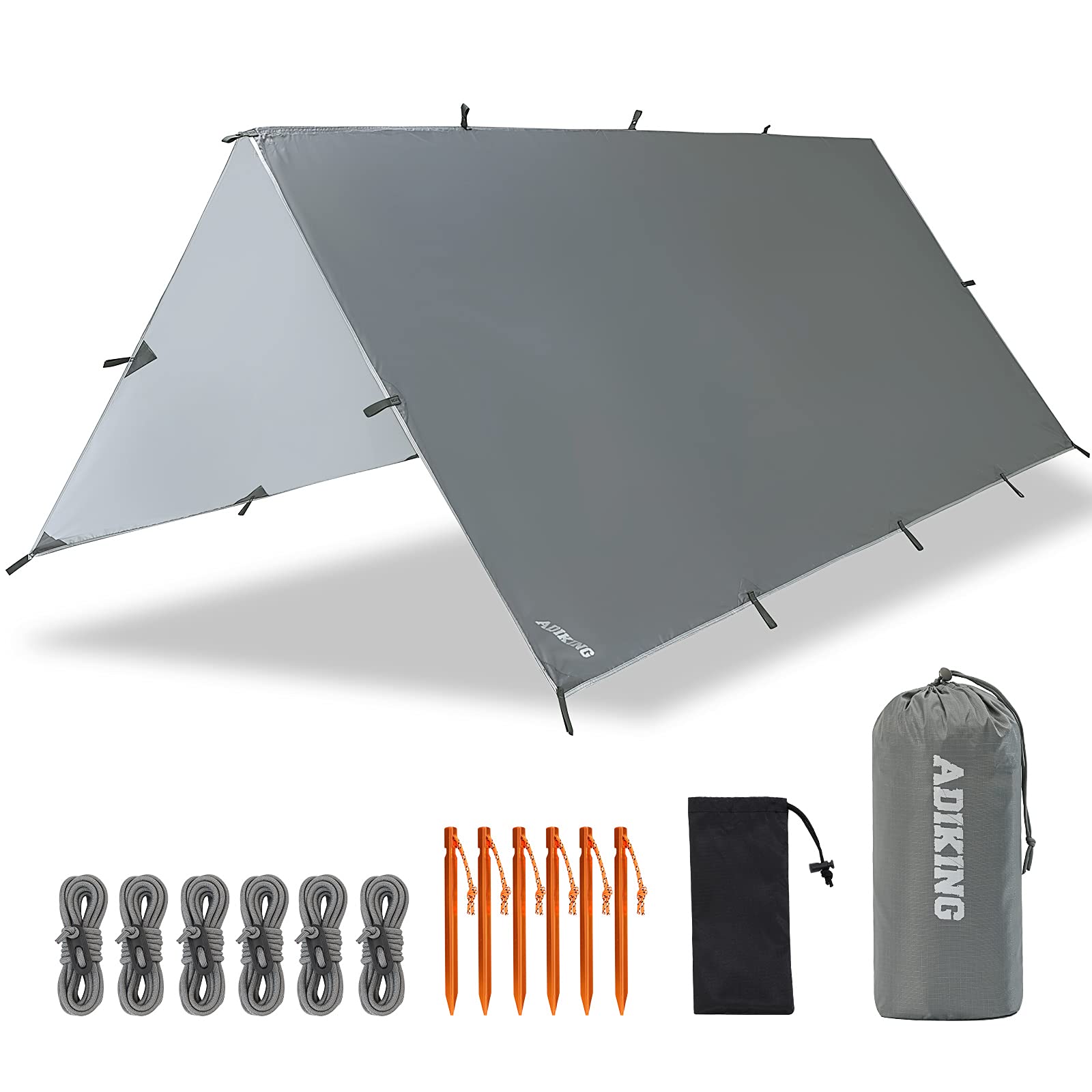 ADIKING Camping Tarp 126 x 118in Waterproof Portable Hammock Tent Tarps Lightweight Anti-UV Rain Shelter For Camping Hiking Outdoor Activities (Gray)