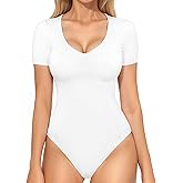 MANGOPOP Double Lined Short Sleeve Bodysuits for Women V Neck Thong Body Suit Stretchy Lightweight Bodysuit Tops
