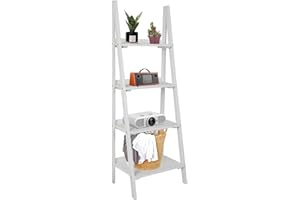 ECOMEX 4 Tier Ladder Shelf, Wooden Ladder Shelf 4 Tier Bookshelf Rustic Ladder Shelf Freestanding Storage Rack for Home Bedroom Office, Non-Foldable White