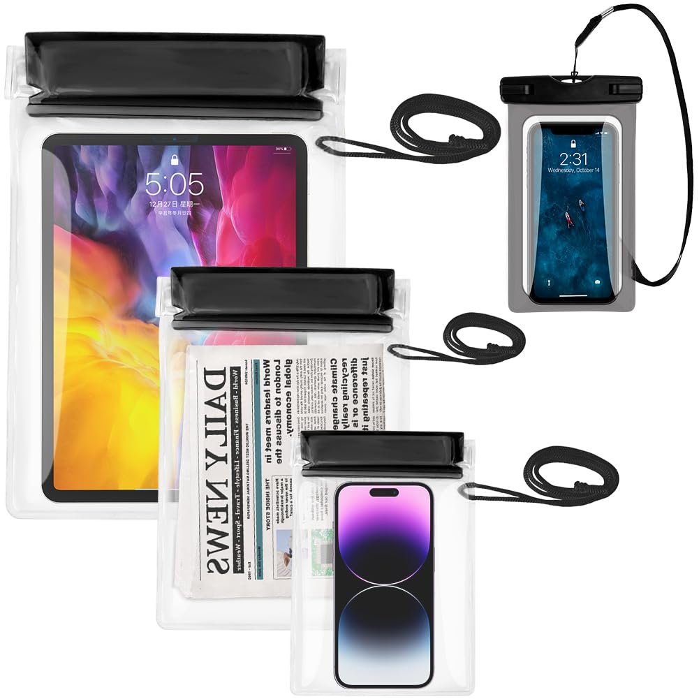 Garegce Clear Waterproof Pouch Bag, [4 Pack] Waterproof Bags Large Size Set, Waterproof Case Dry Bag for Beach/Swim/Boating/Kayaking/Hiking/Protect Phone/Camera/Cash/Document - Black