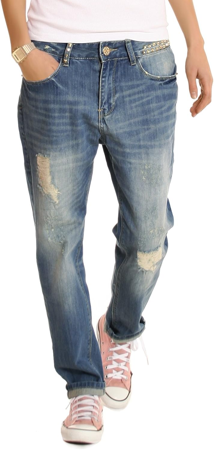 Damen Jeans Boyfriend Damenjeans loosefit Gr.36/S Baggyjeans Damen destroyed dunkelblau Amazon