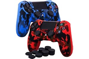 YoRHa Water Transfer Printing Camouflage Silicone Cover Skin Case for Sony PS4/slim/Pro Dualshock 4 Controller x 2(red+Blue) with Pro Thumb Grips x 8