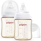 Pigeon PPSU Nursing Baby Bottle Wide Neck, Anti-Colic, Streamlined Body, Natural Feel, Easy to Clean, 5 Oz (Pack of 2), Includes 2pcs SS Nipples (0m+)