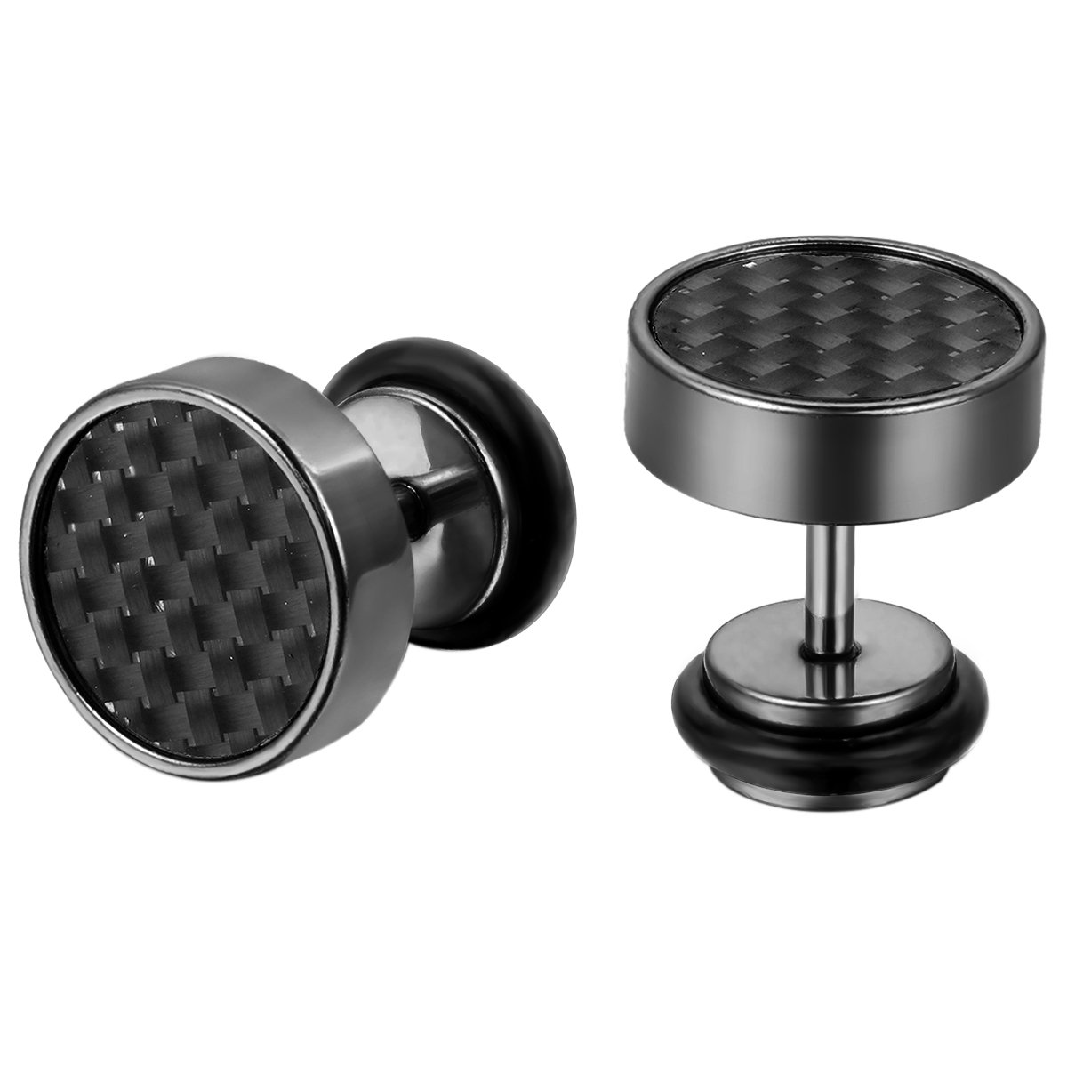 JewelryWe 9mm Mens Stud Earrings Stainless Steel Illusion Tunnel Plug Screw Back with Carbon Fiber, 2pcs, Black