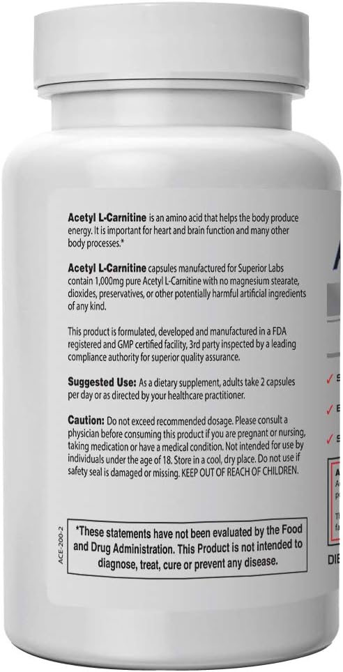 Superior Labs | Acetyl L-Carnitine 1000mg | 200 caps | Maximum Absorption | Pure Vegetable Capsules | Zero Synthetic Additives | Superior Absorption: Health & Personal Care