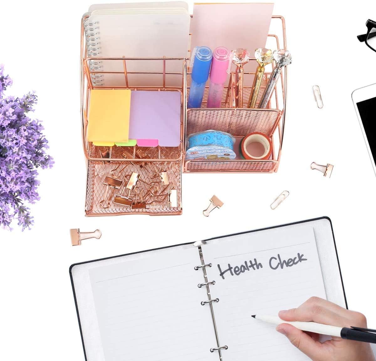 Rose Gold Desk Organizer with Drawer,File Tray and 4 Upright Sections for Pen,Marker,Paper etc, Mesh Metal Multi-Use Stationery Desktop Organizer for Office,School,Home: Home Improvement