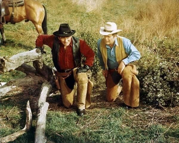 Photographs - The Virginian TV series James Drury Doug McClure in chaps kneeling 8x10 photo