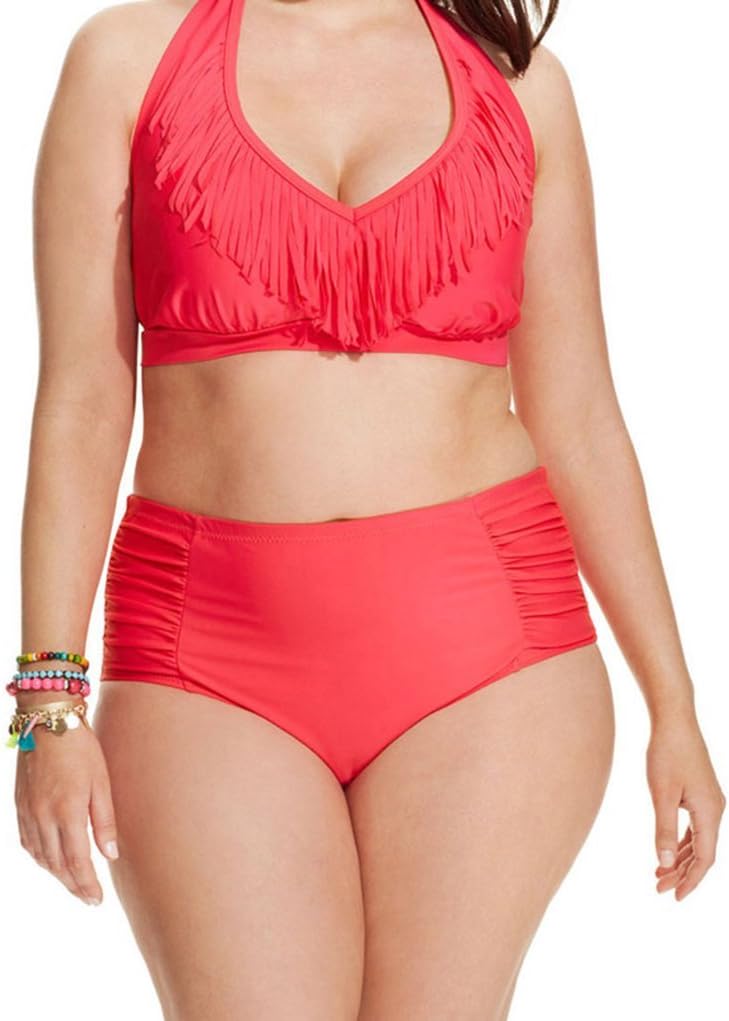 Christmas TomYork Rosy Plus Size Fringed Halter Bikini High Waist Swimsuit