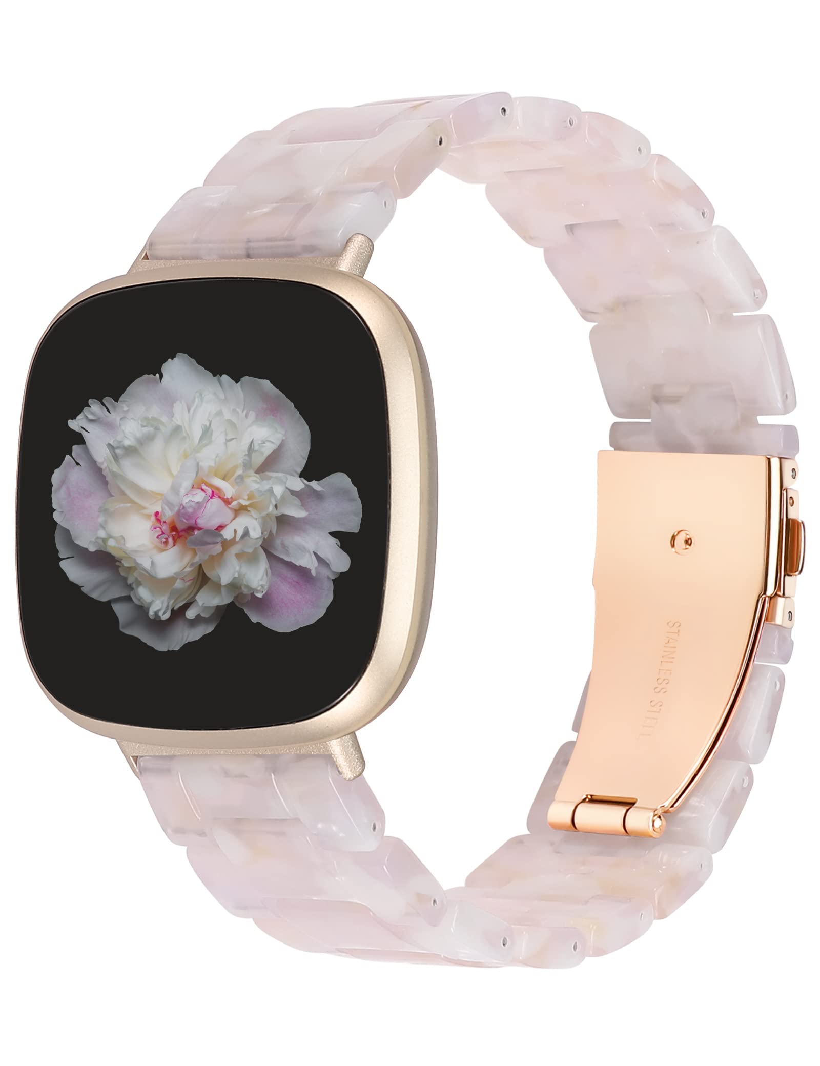 TOYOUTHS Resin Strap Compatible with Fitbit Versa 3/Versa 4/Sense/Sense 2, Women Men Adjustable Fashion Bracelet Strap with Stainless Steel Quick Release Clasp, Pink Flower