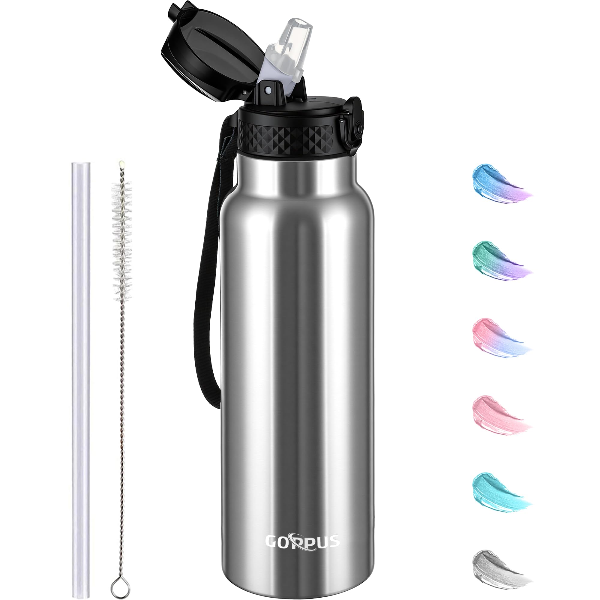 GOPPUS 750ml/26oz Stainless Water Bottle with Straw Double Wall Insulated Bottles with Strap Reusable Vacuum Thermal Flask Leakproof Keep Cold Drinks Bottles with Flip Top Lid for Men Women BPA Free