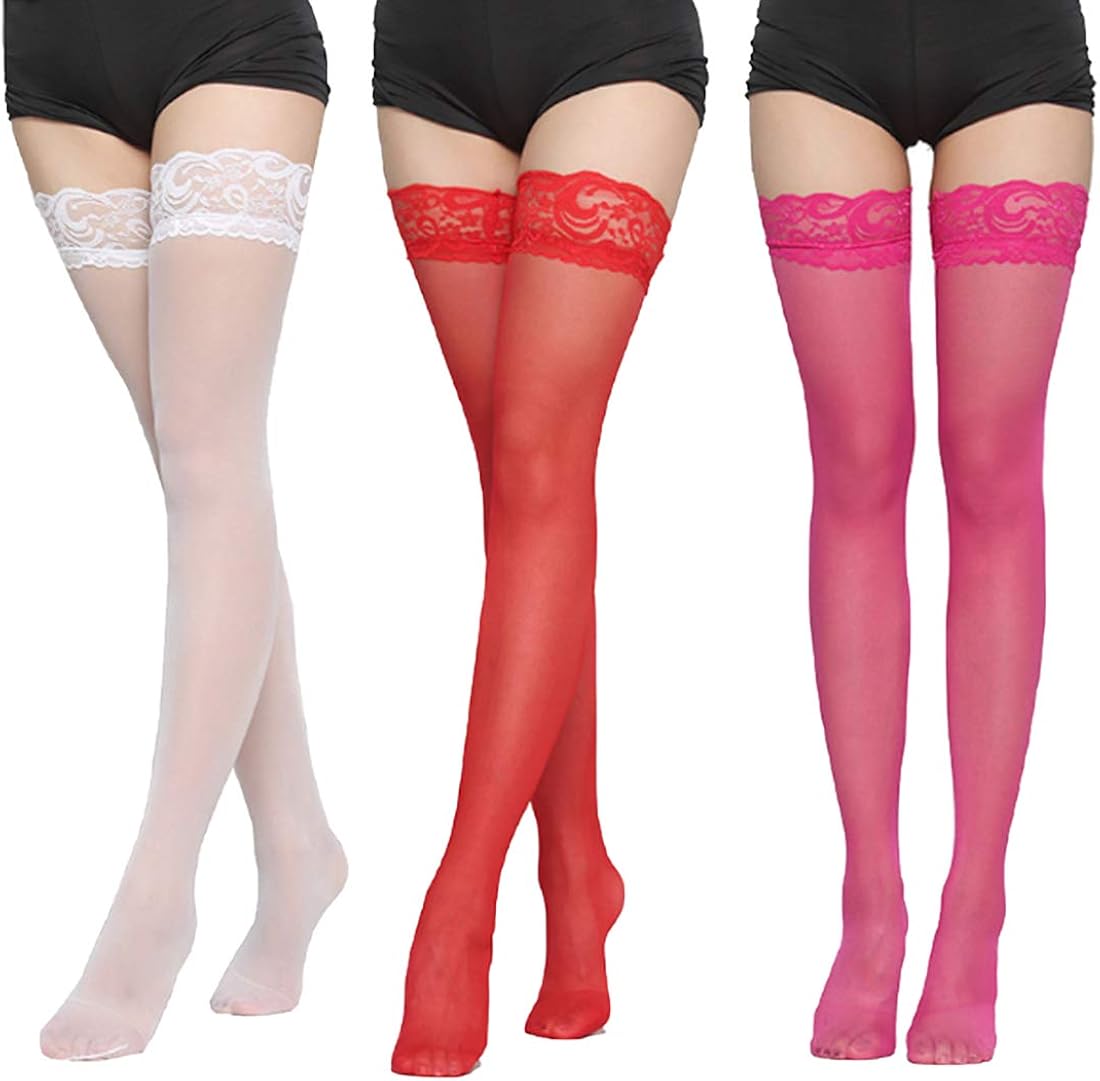 3Pairs Thigh High Stockings Lace Sheer ThighHigh Stockings 15D Knee
