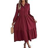 Famnbro Women Casual Shirt Dress Collared Button Down Long Sleeve Ruffle Flowy Maxi Spring Wedding Guest Vacation Dresses