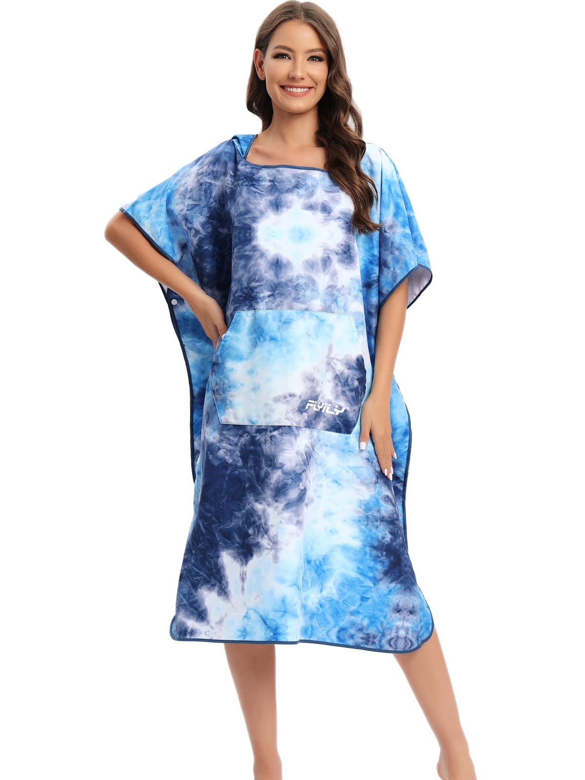 FLYILY Changing Towel Poncho Hooded light weight Microfiber surf wetsuit changing with pocket, Adults/Kids beach swimming changing towel (BlueTiedye, Large(Fit for Adult)) — image 1