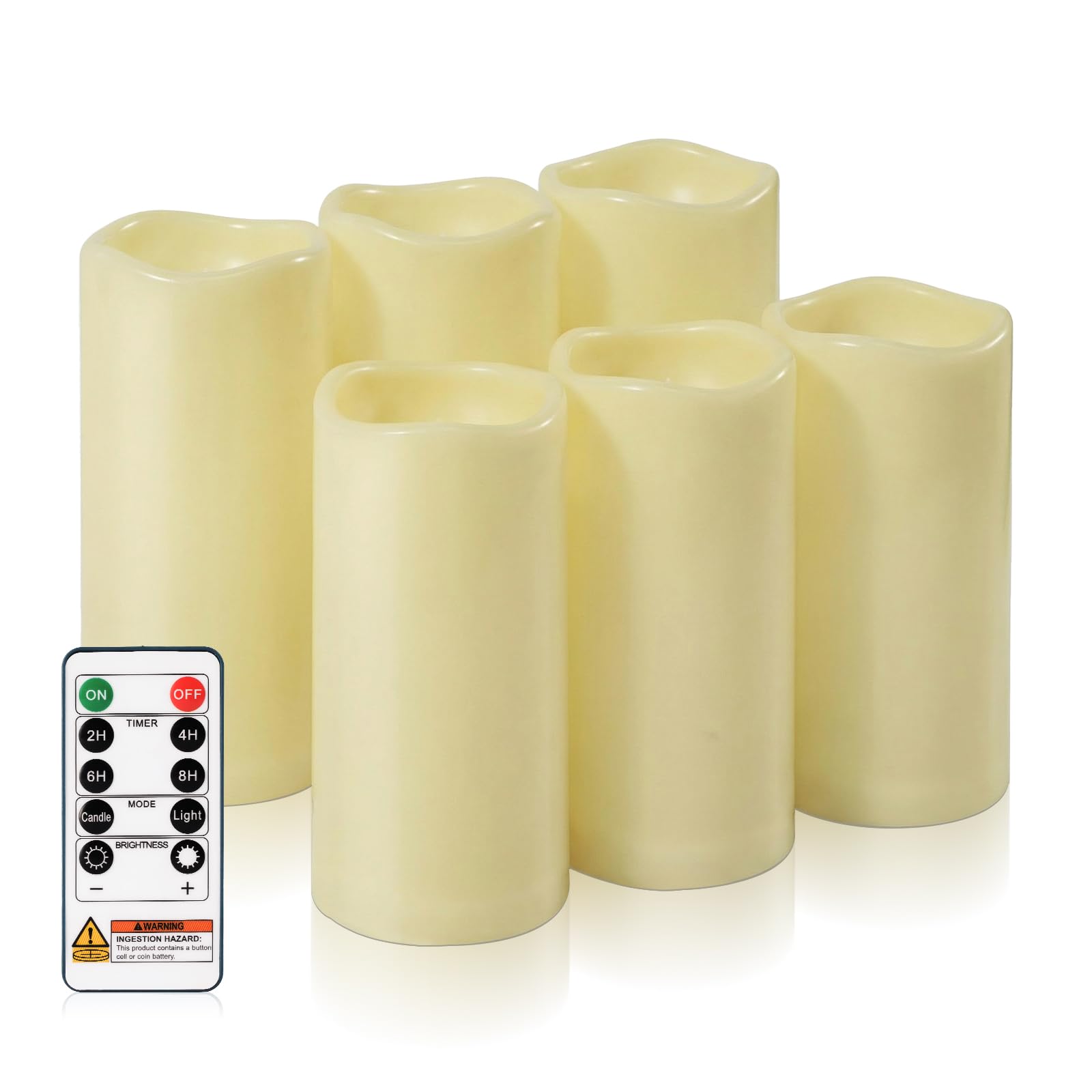 Homemory 3" x 6" Waterproof Flameless Candles, Outdoor Indoor Battery Operated LED Pillar Candles with Remote Control and Timer, Plastic, Long Lasting, Set of 6 Image