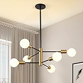 KAISITE Modern Sputnik Chandelier - 6 Light Chandelier with Height Adjustment, Black and Gold Finish for Kitchen, Bedroom and