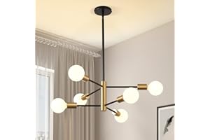 KAISITE Modern Sputnik Chandelier - 6 Light Chandelier Light Fixture Height Adjustable Mid Century Ceiling Chandelier Plating Finished Black and Gold Chandelier for Kitchen Bedroom and Foyer