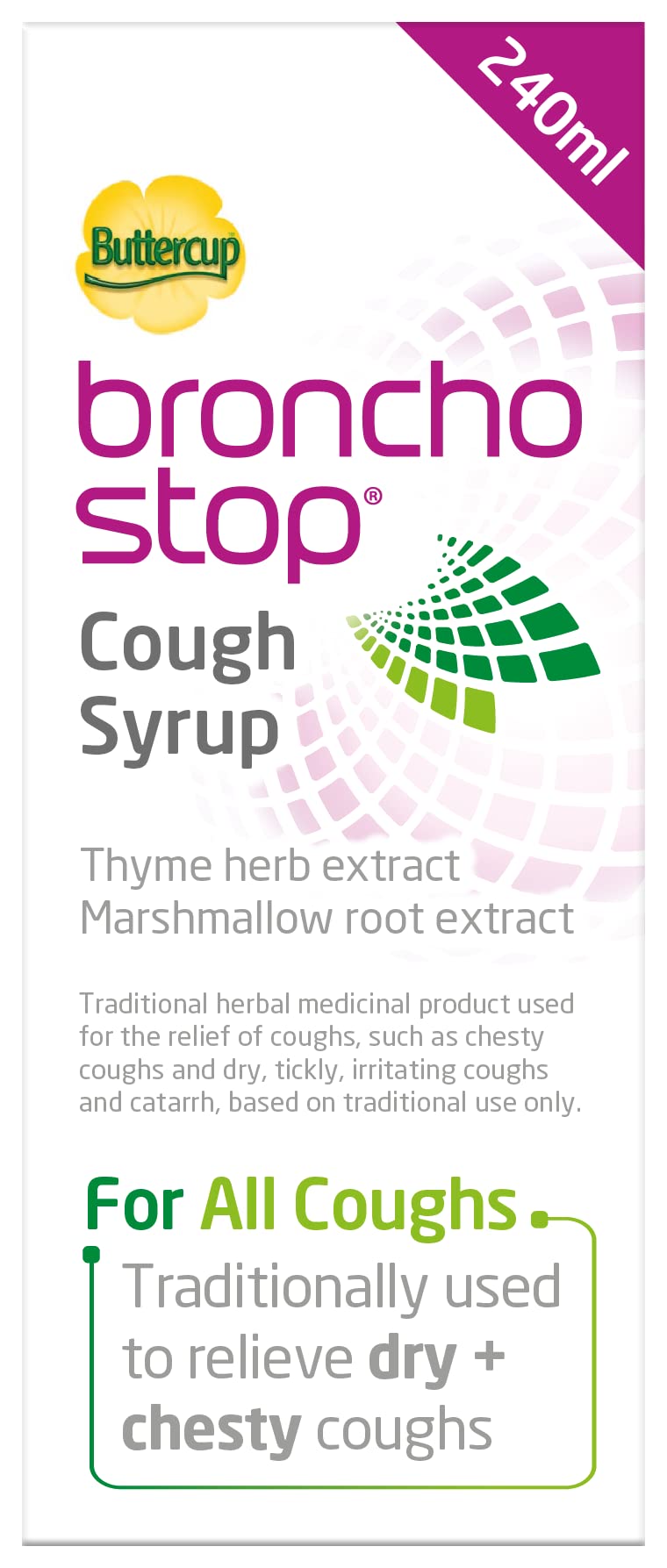 Bronchostop Cough Syrup 240ml - Used for Relief for Dry or Chesty Coughs - with Thyme Herb and Marshmallow Root Extract - Non Drowsy Cough Medicine That Can Be Diluted or Undiluted