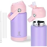Kids Insulated Water Bottle with Straw Lid & Silicone Handle,12oz Kids Leak Proof Water Bottle for School Boys Girls,Double Wall Vacuum Stainless Steel with Non-slip Silicone Base(Light Purple)