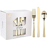 WDF 180 Pieces Disposable Plastic Gold Silverware Cutlery - Disposable Flatware Set 60 Forks, 60 Knives and 60 Spoons - Heavy Duty Gold Plastic Cutlery - Utensils for Baby Shower Wedding Spring