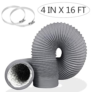 4 Inch 16FT Air Duct,Insulation Aluminum Clothing Dryer Vent Hose,Gray PVC Lightproof Exhaust Hose for Fan Filter and Grow Tent, 2 Clamps Include