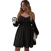 WDIRARA Women's Plus Size Cold Shoulder Ruffle Trim Bishop Sleeve A Line Dress
