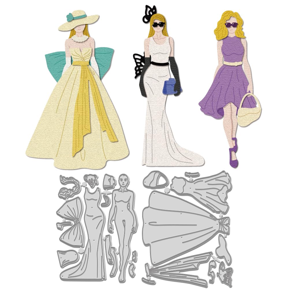 WADORN 2Pcs Fashion Woman Die Cut, Lady Dress Skirt Cutting Dies Template Elegant Lady Carbon Steel Die Cuts Stencils for DIY Wedding Craft Scrapbooking Album Decor Embossing Paper Dies Card Making