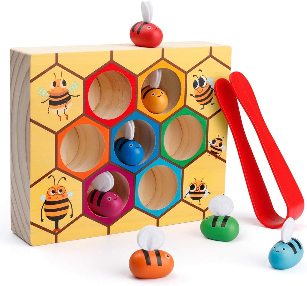 Coogam Toddler Fine Motor Skill Toy, Clamp Bee to Hive Matching Game, Montessori Wooden Color Sorting Puzzle, Early Learning Preschool Educational Gift Toy for 2 3 4 Years Old Kids