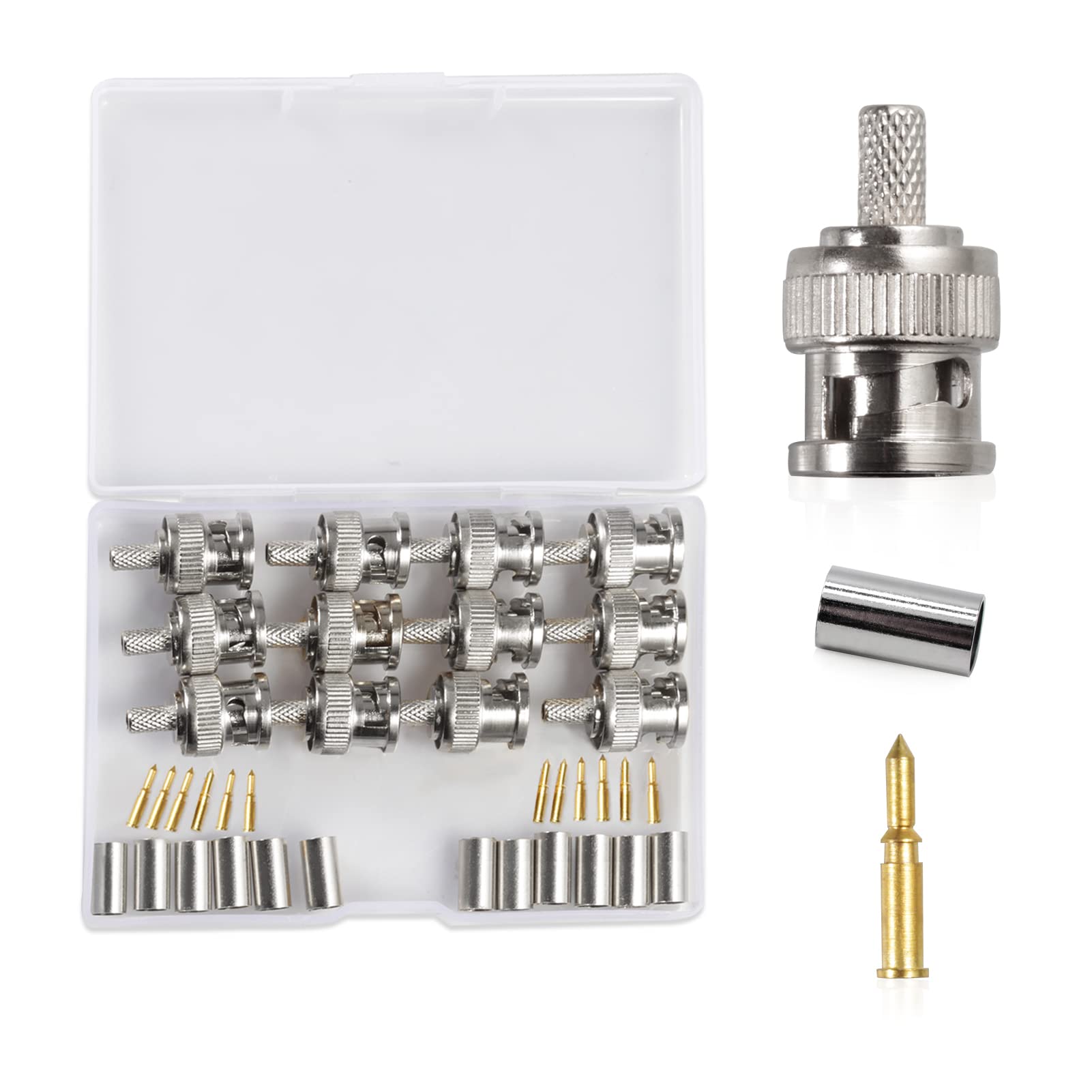 SPEEDWOX Pack of 12 BNC RG58 Crimp Male Connector With Storage Box, Compatible with RG58 Coax Cable for Antennas Wireless LAN Devices Coaxial Cable Wi-Fi Radios External Antenna