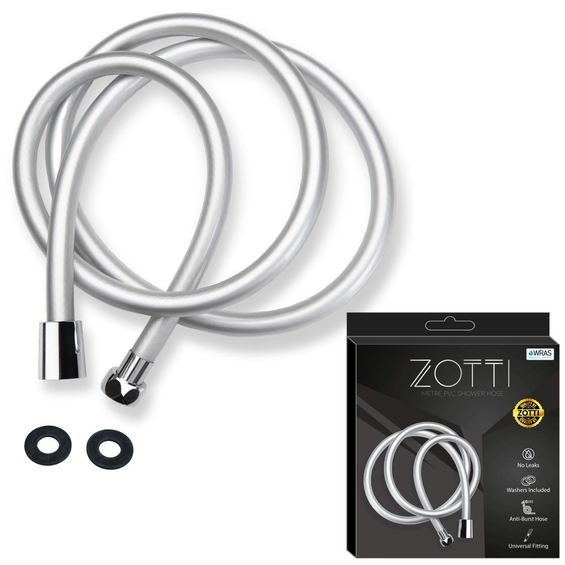ZOTTI Smooth PVC Shower Hose 2m – Easy Clean Anti-Mould Shower Pipe Replacement for Bath Taps, Flexible Anti-Kink Handheld Shower Head Hose with Brass Connectors & Washers, Universal G1/2 Chrome