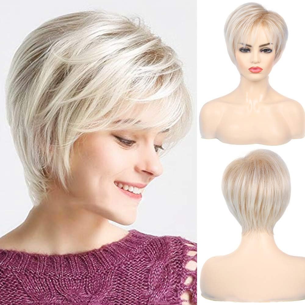 Short Wigs for Women Blonde Pixie Cut Layered Wig with Bangs Synthetic Hair for Cosplay Halloween Daily, Y242-Light gold