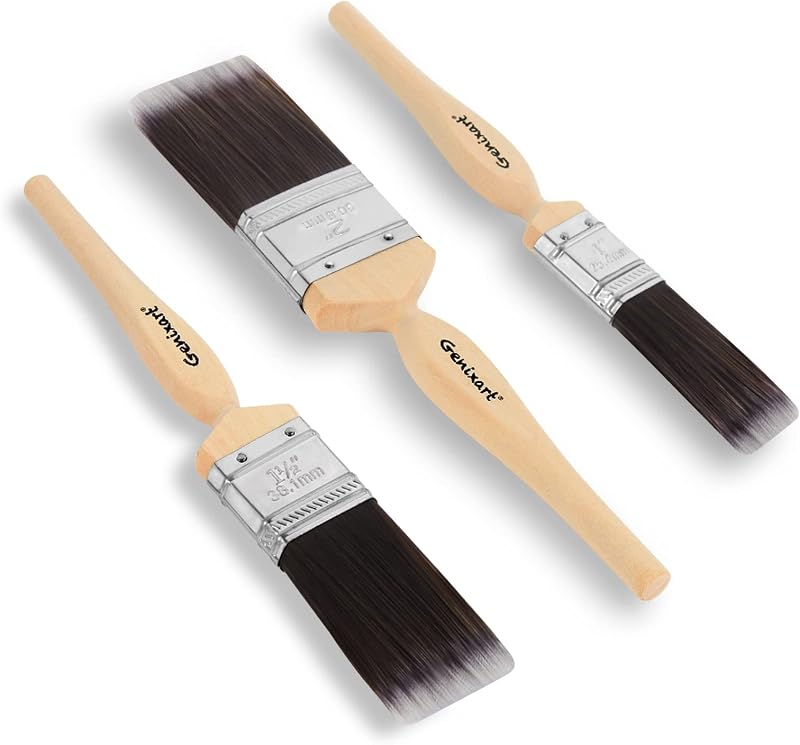 Genixart Flat Paint Brush Set 25 38 50mm Walls Ceilings Furniture Nylon 3 Pack