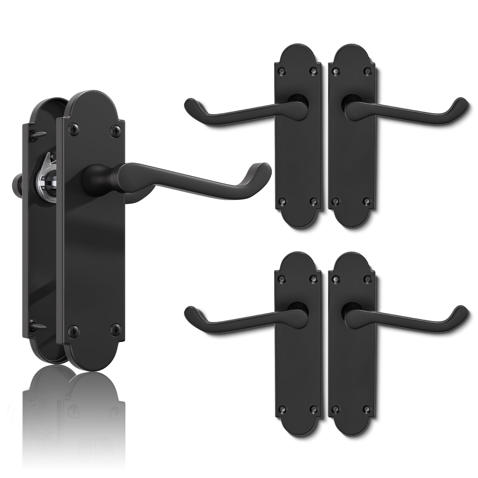 Bwintech 3 Sets Matt Black Richmond Lever on Plate, Latch Furniture, Backplate Door Handles,Suitable for Wooden Doors