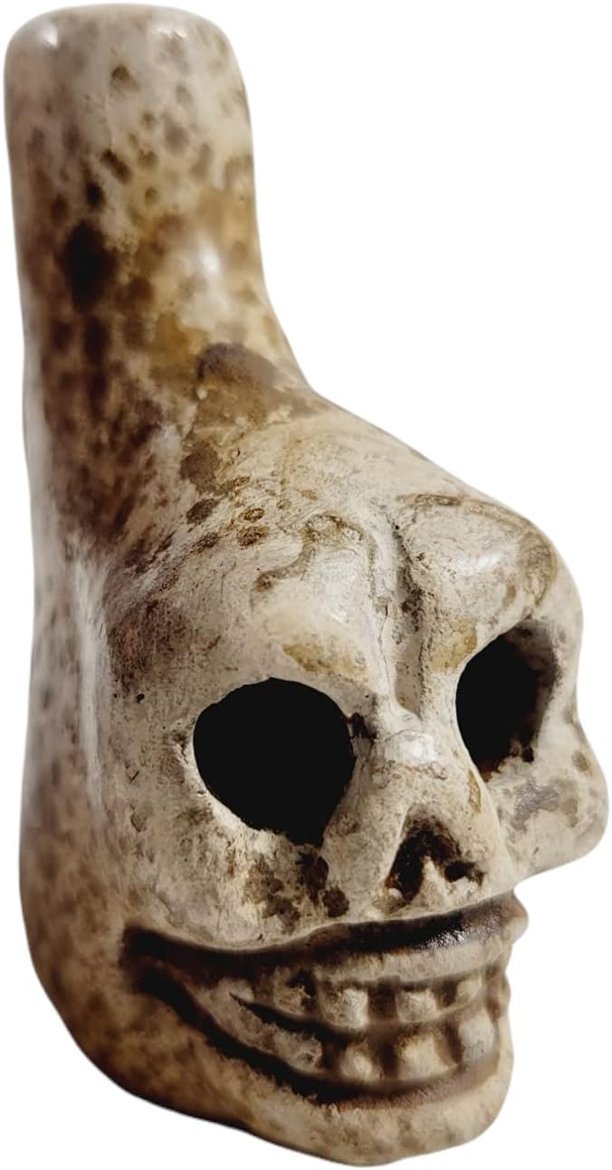 Mixed Media - Small Smilling Skull Death Whistle, Made Out Of Clay, Handcrafted. (Natural)