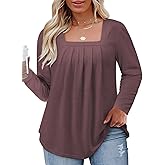 Womens-Plus-Size-Tops Dressy Pleated Square Neck Shirts Trendy Cute Long Sleeve Blouses Casual Loose Fit Tunics XL-5XL
