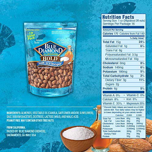 BLUE DIAMOND ALMONDS SALT N’ VINEGAR FLAVORED SNACK NUTS, 16 OZ RESEALABLE BAG (PACK OF 1)