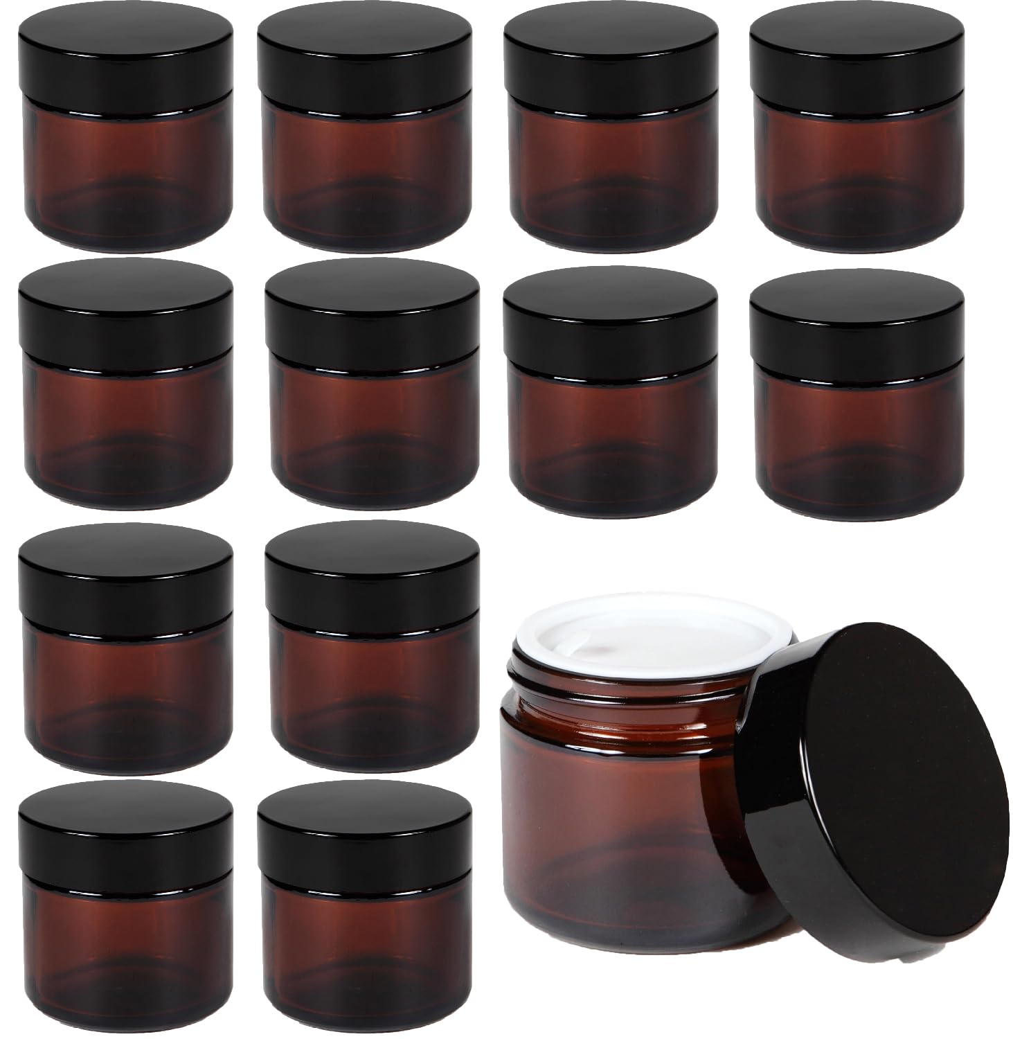 50ml Amber Glass Jars, 12 Pack Empty Cosmetic Jar with Lids and Inner Liners, Refillable Cream Container Jars for Lotions, Essential Oils, Powder