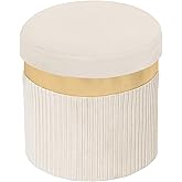 xuperbonus Small Ottoman with Storage,Folding Round Ottoman with Gold Trim,Velvet Storage Stool,Foot Stool with Soft Padded,Foot Rest for Living Room13“x13”x12.4(YZbeige,1pcs)