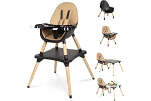 RICUTON 6 in 1 High Chair for Babies & Toddlers, Convertible Wooden Baby Highchair, Table and Chair Set, Baby Feeding Chair, 5-Point Adjustable Harness/4-Position Removable Tray& PU Seat Cushion (Black)