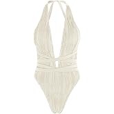 ZAFUL Women's One Piece Swimsuit Deep V Neck Ribbed Self Tie Sexy High Cut Bathing Suit Crisscross Back Swimwear