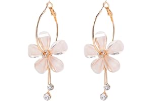 MALOYANVE Bohemian Crystal Rose Flower Hoop Earrings for Women Girls Elegant Romantic Five Leaves Exaggerated Round Acrylic Hoop long Tassel Earring for Women Girls Statement Jewelry Gifts