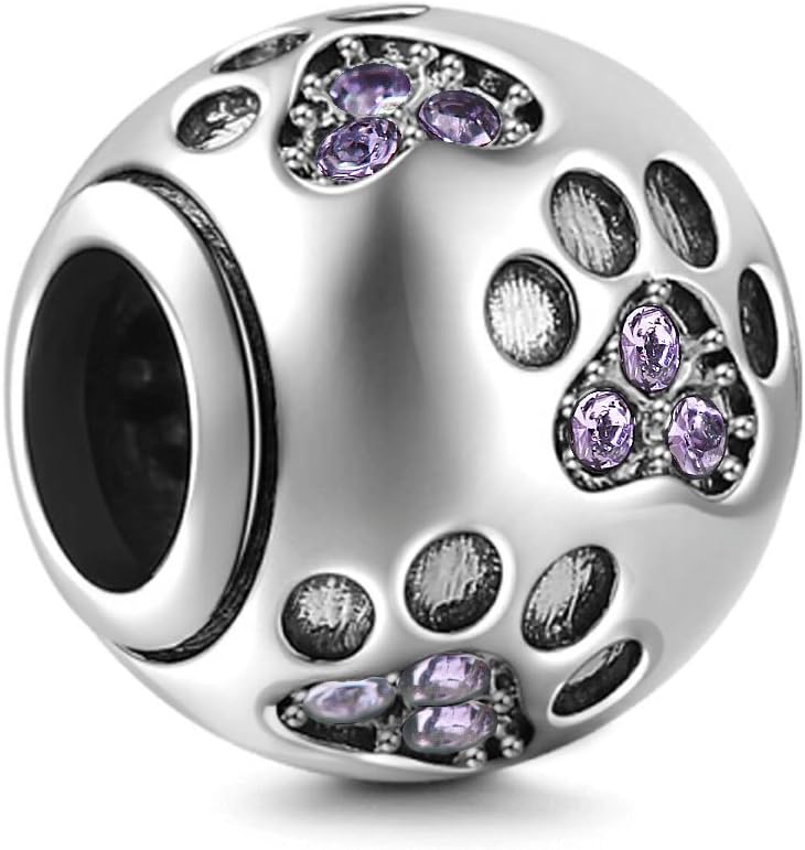 Cute Animal Dog Cat Paw Print Cubic Zirconia Circle 925 Sterling Silver Family Charms Beads Jan-Dec Synthetic Birthstone by Sandcastle Jewellery (Purple June)