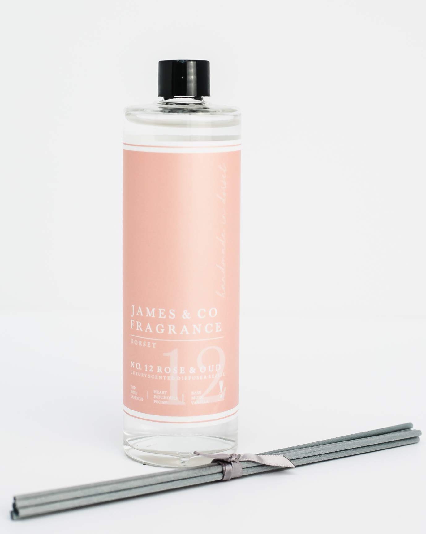 James & Co No.12 Rose & Oud (English Rose & Exotic Woods) 200ml Reed Diffuser Refill Bottle with 6 Fibre Reeds