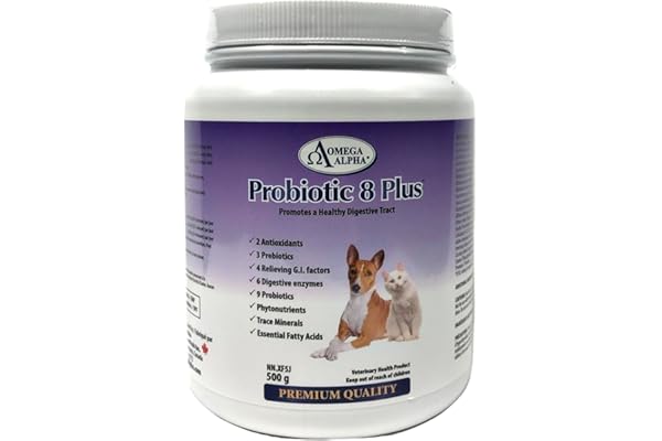 Omega Alpha Probiotic 8 Plus Powder - 500 g - Gut Flora Balance with Probiotics for Dogs - Digestive Enzyme Support for Pet H