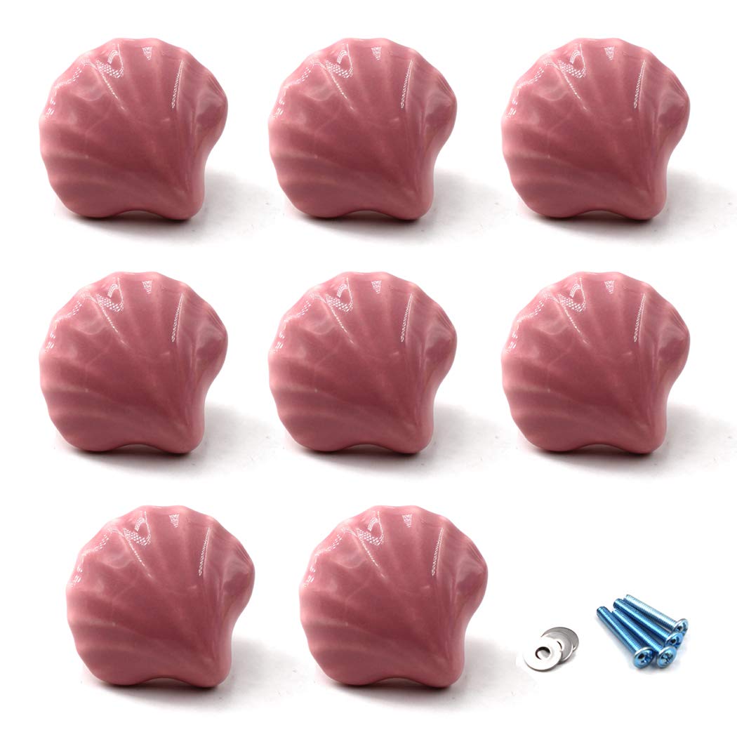 Flomore Pink Drawer Knob Ceramic Cabinet Knobs Kids Room Handle Pull Shell Shape for Dresser Drawers (Pack of 8 Screws Included)