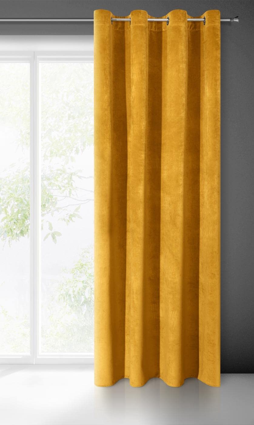 Eurofirany VILLA Soft Plain Opaque Velvet Curtain with Eyelets - 1 Unit, Fluffy Panel Drape Classic Glamour Elegant Living Room, Bedroom, 290 g/m2, W55 x L98, Mustard Yellow