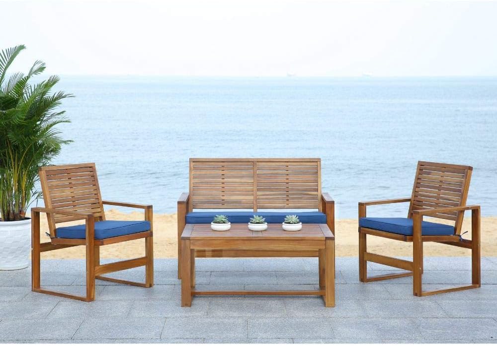 Safavieh Home Collection Hailey Outdoor Living 4-Piece Acacia Patio Furniture Set, Brown and Navy : Garden & Outdoor